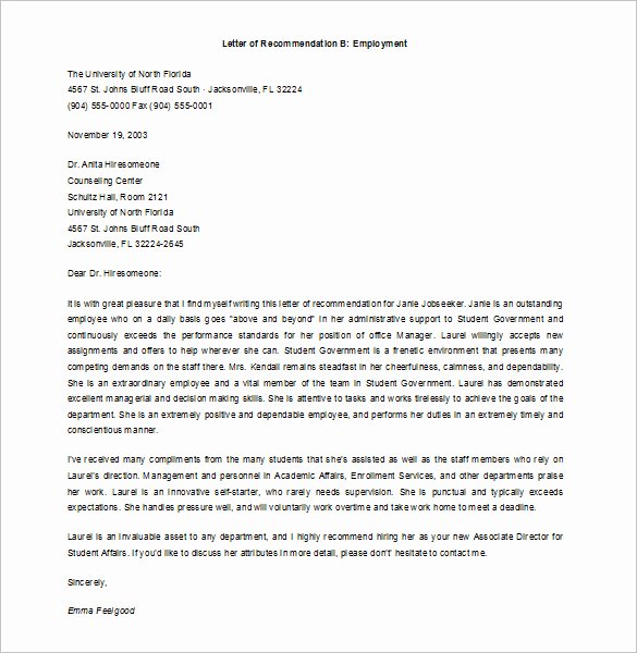 Internship Letter Of Recommendation Best Of 8 Job Re Mendation Letters Free Sample Example