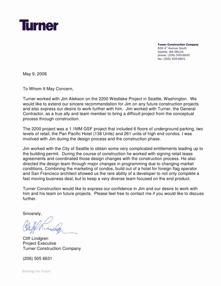 Internship Letter Of Recommendation Elegant Turner Construction Letter Of Re Mendation