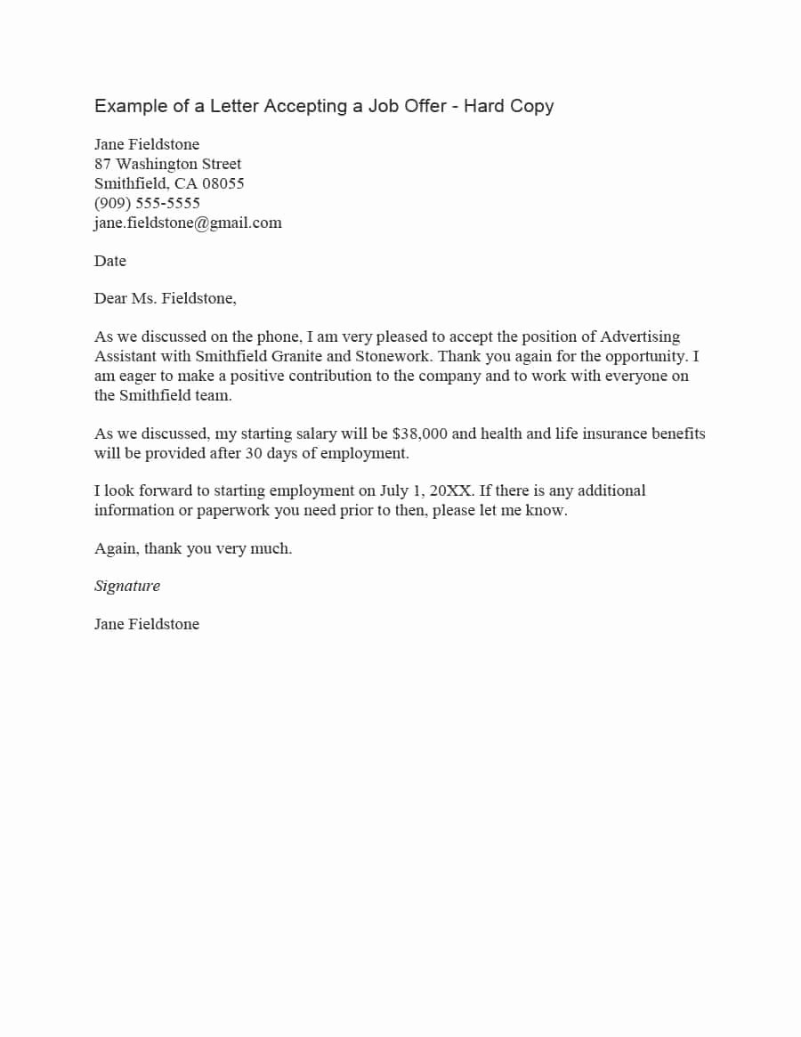Job Acceptance Letter format Awesome 40 Professional Job Fer Acceptance Letter &amp; Email