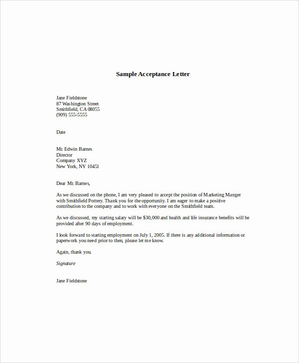 Job Acceptance Letter format Luxury Job Letter Examples