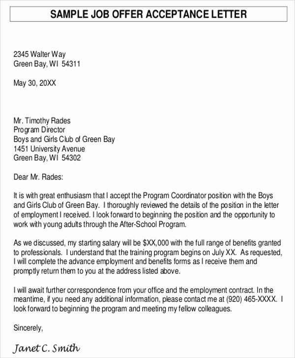 Job Acceptance Letter format New Sample formal Acceptance Letters 8 Examples In Word Pdf