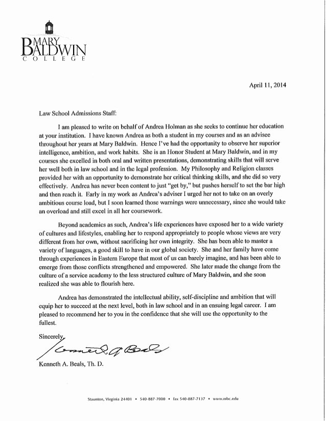 Law School Letter Of Recommendation Inspirational Dr Beals Re Mendation Letter Holman