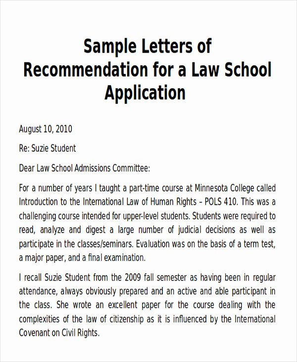 Law School Recommendation Letter Beautiful Sample Law School Letter Of Re Mendation 6 Examples