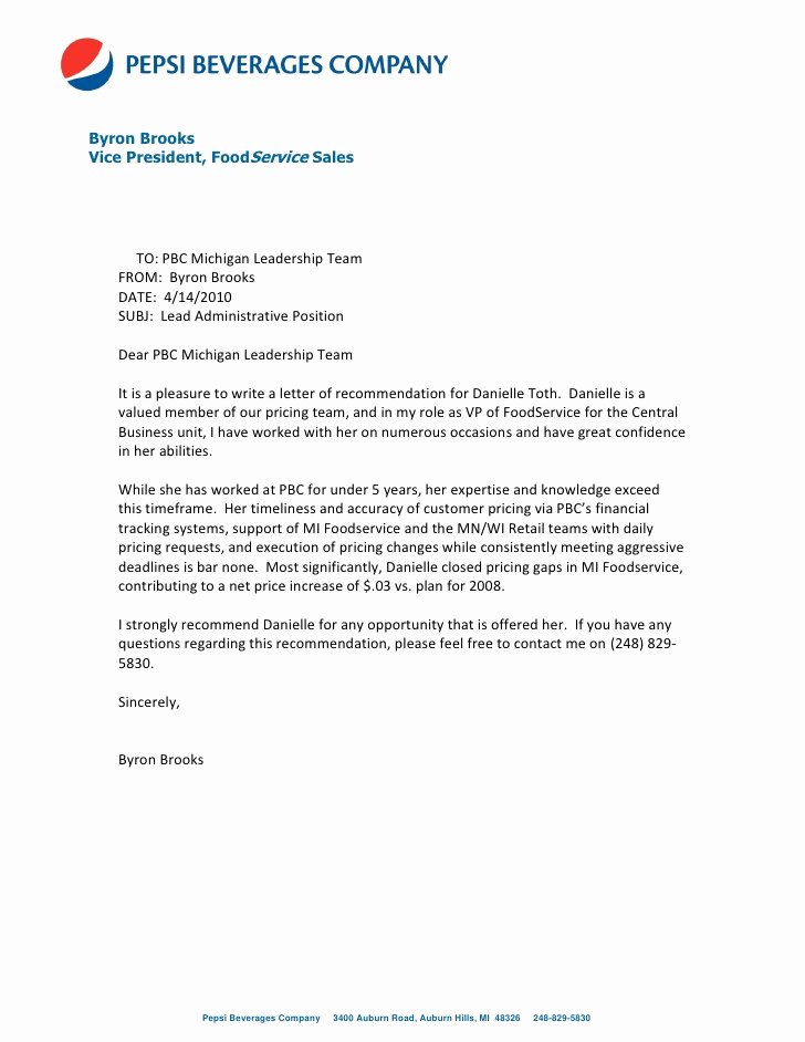 Leadership Letter Of Recommendation Unique Letter Re Mendation From byron Brooks