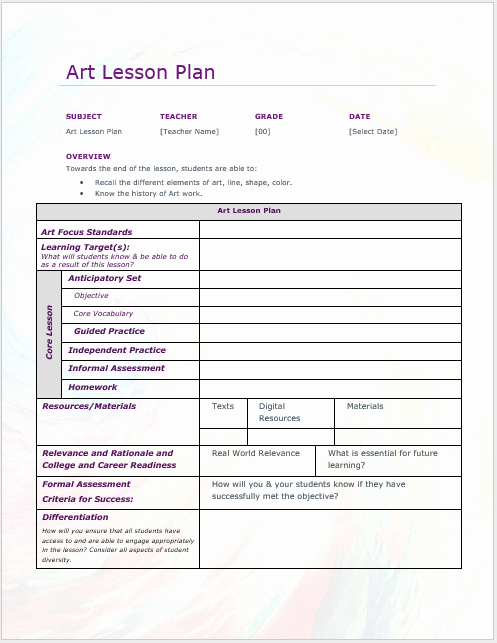 Learning Focused Lesson Plan Template Fresh Art Lesson Plan Template – Microsoft Word Templates