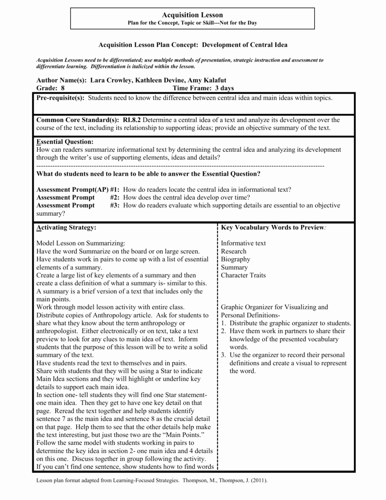 Learning Focused Lesson Plan Template Fresh Learning Focused Acquisition Lesson Plan Template