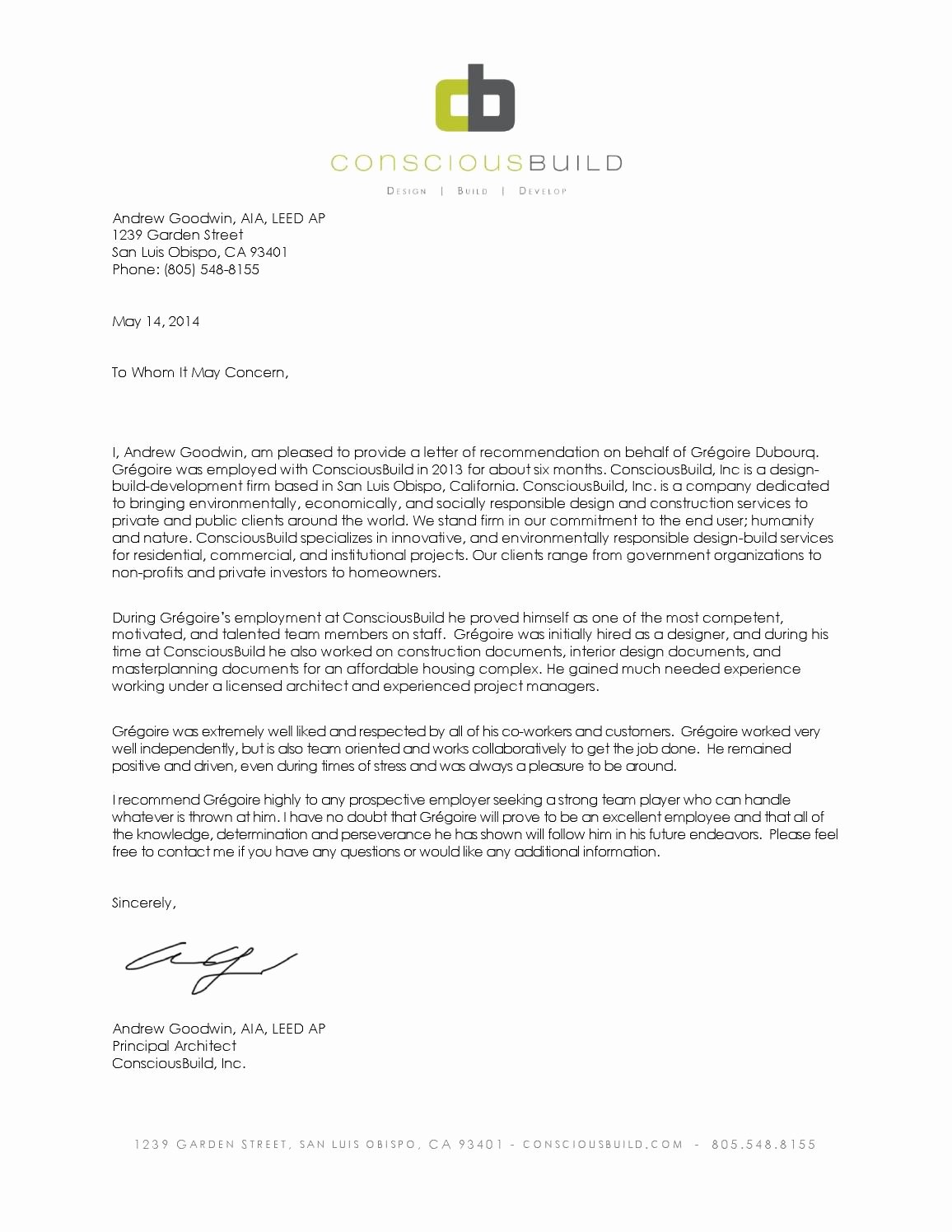 Leed Letter Template Awesome Letter Of Re Mendation Intern Architect by Gregoire