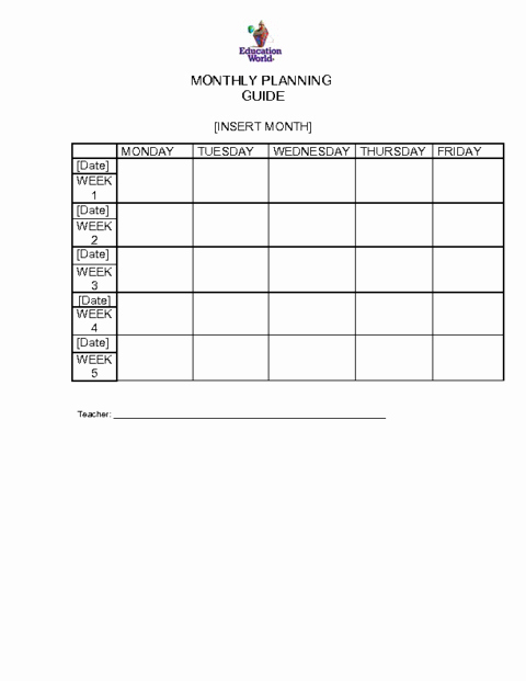 teacher lesson plan monthly calendar template