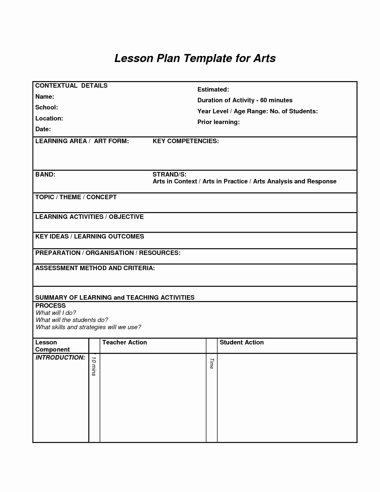 Lesson Plan format Template Best Of Lesson Plan Template for Arts