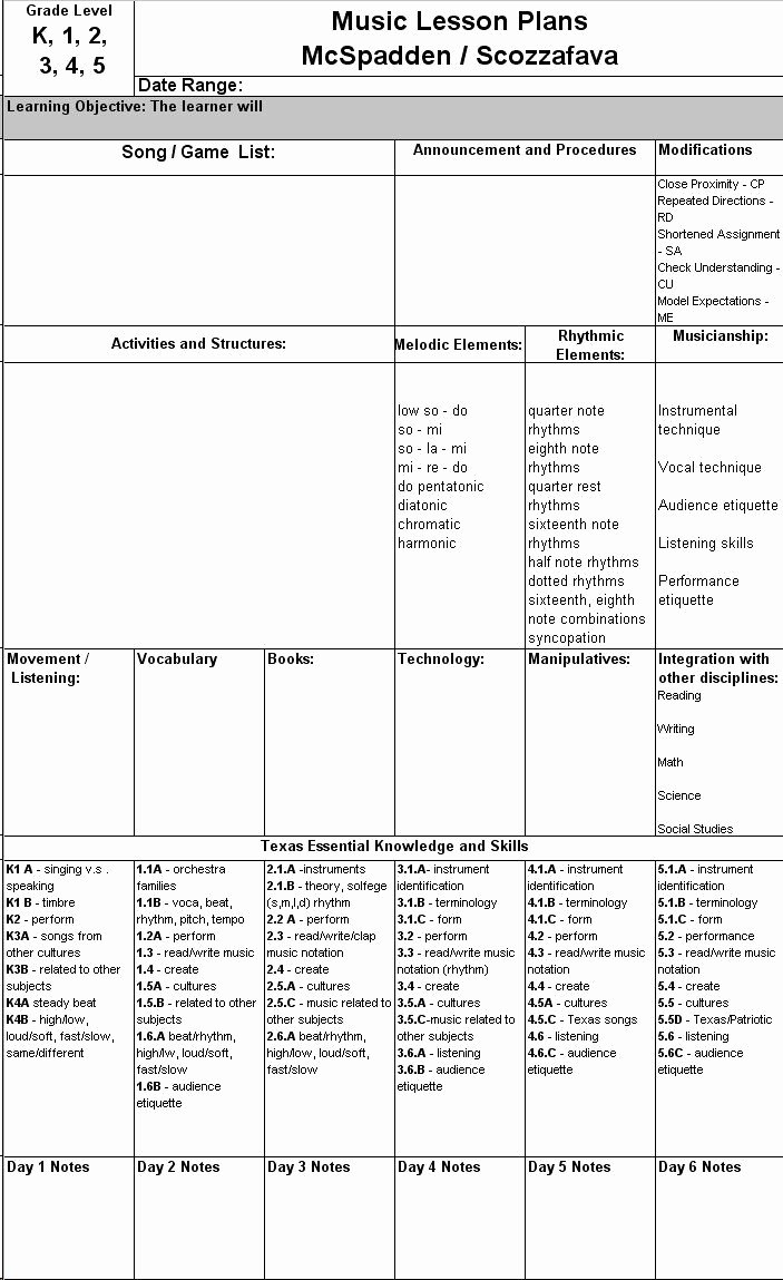 Lesson Plan format Template Fresh Great Idea for Music Lesson Plan Template Typical