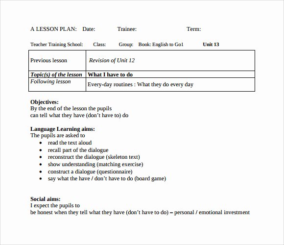 Lesson Plan Template Elementary New Sample Elementary Lesson Plan Template 8 Free Documents