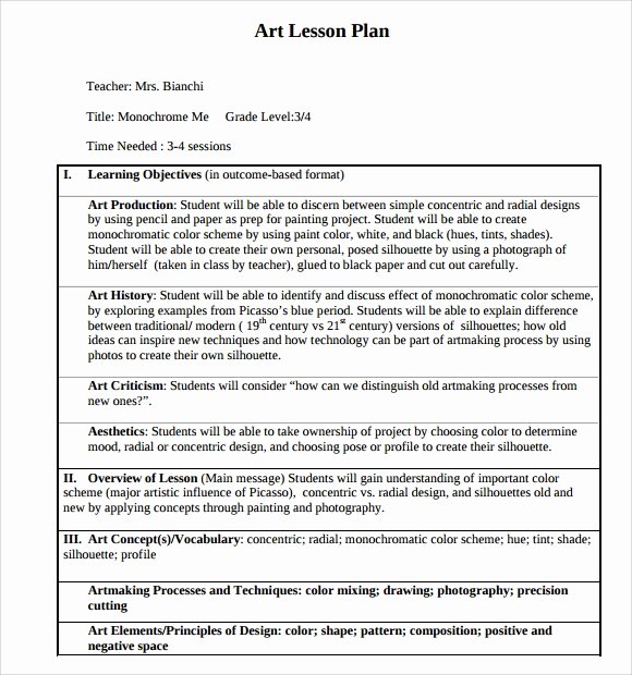 Lesson Plan Template for Elementary Luxury Sample Art Lesson Plans Template 7 Free Documents In Pdf