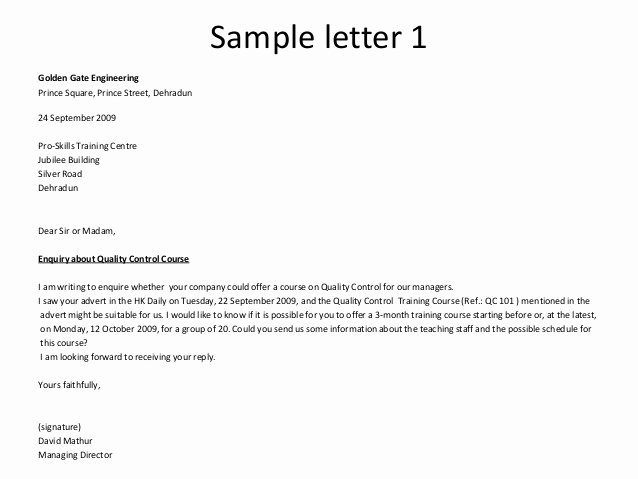 Letter Of Inquiry format Elegant Letter Inquiry In Business for Quality Control Course