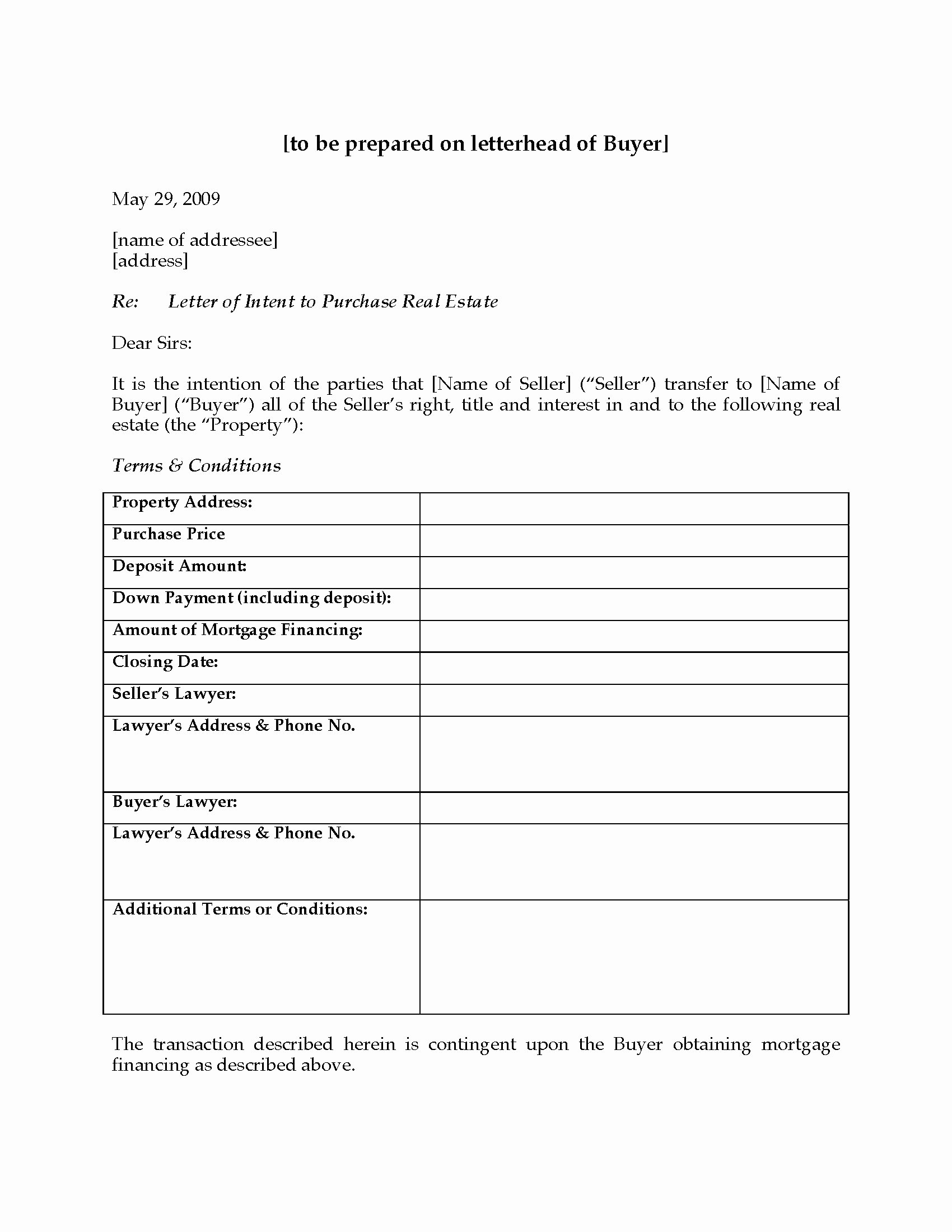 Letter Of Intent to Purchase Real Estate Template Fresh Canada Letter Of Intent to Purchase Real Estate