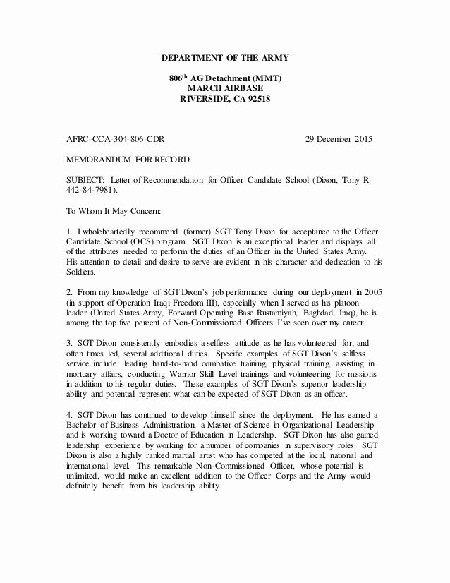 Letter Of Recommendation Army New Maj solis Letter Of Re Mendation Ocs Dixon Dec 2015 2
