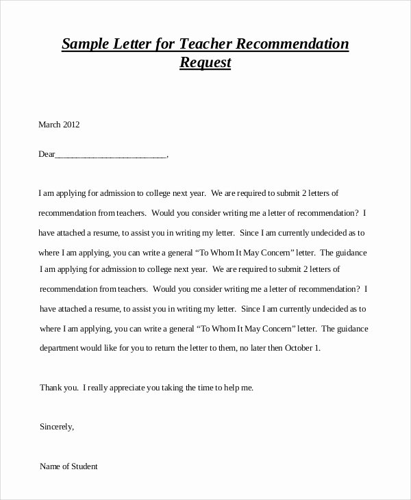 Letter Of Recommendation asking Best Of 8 Sample Teacher Letters Of Re Mendation