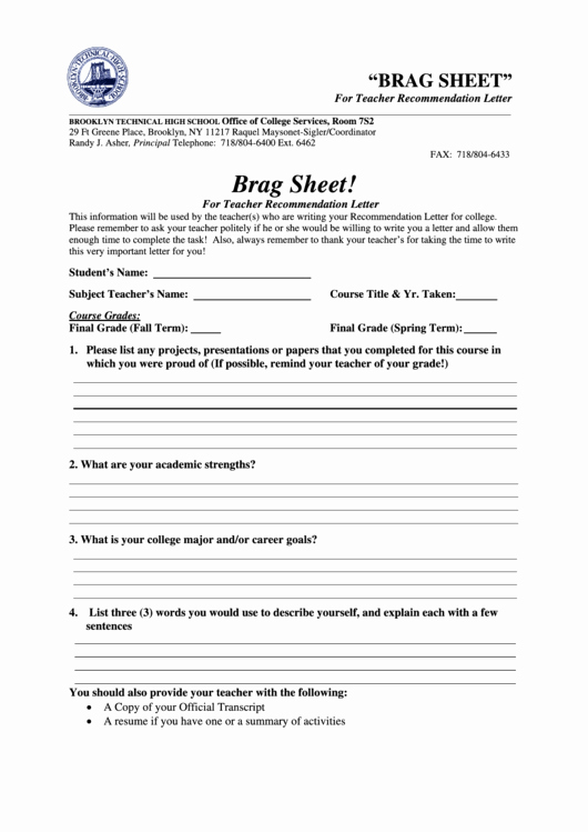 30 Letter Of Recommendation Brag Sheet Hamiltonplastering