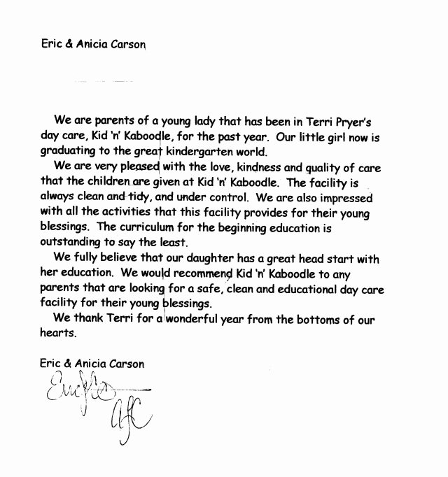 Letter Of Recommendation Child Care Unique Kid N Kaboodle Day Care References