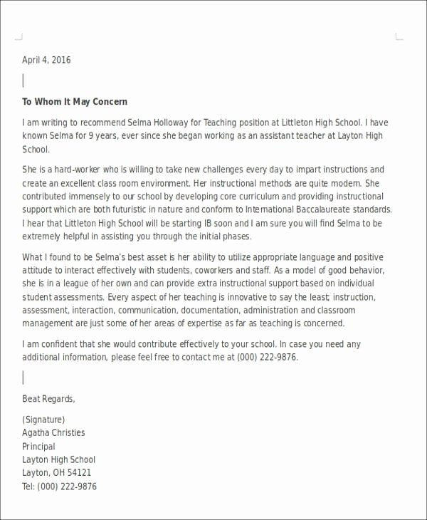 Letter Of Recommendation Elementary Teacher Unique Re Mendation Letter Elementary Teacher