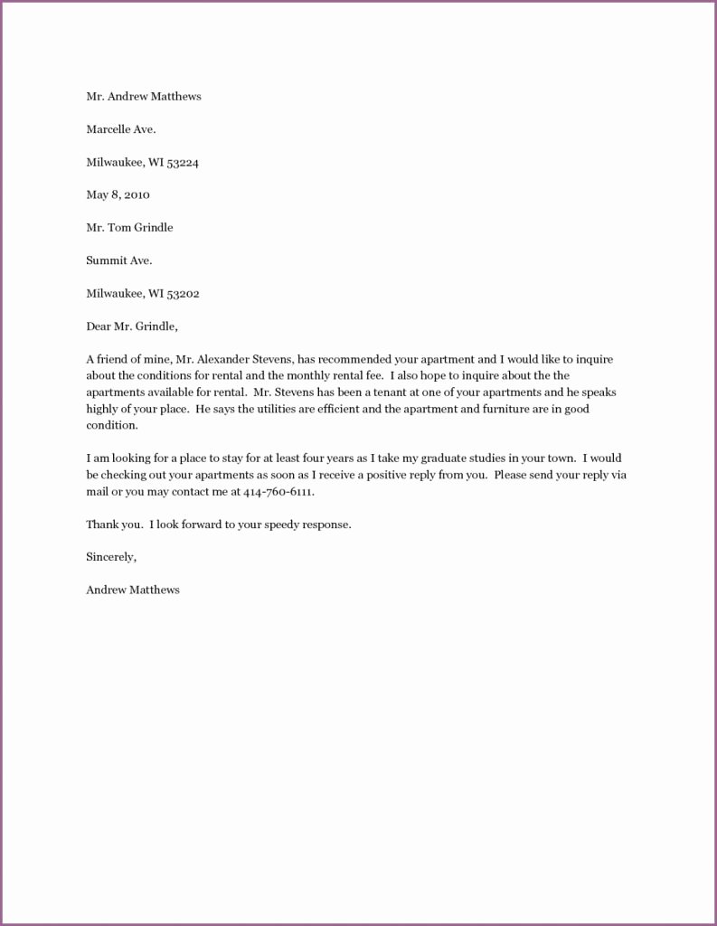Letter Of Recommendation for Apartment Unique Re Mendation Letter for Apartment Examples Employer