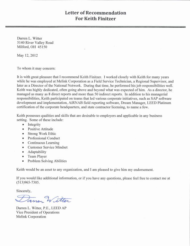 Letter Of Recommendation for athlete Elegant Keith Finitzer Letter Of Re Mendation From Darren Witter