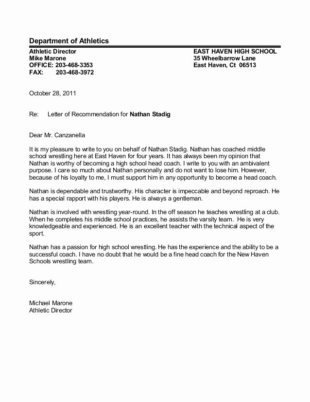 Letter Of Recommendation for athlete Unique Letter Of Re Mendation Mike Marone