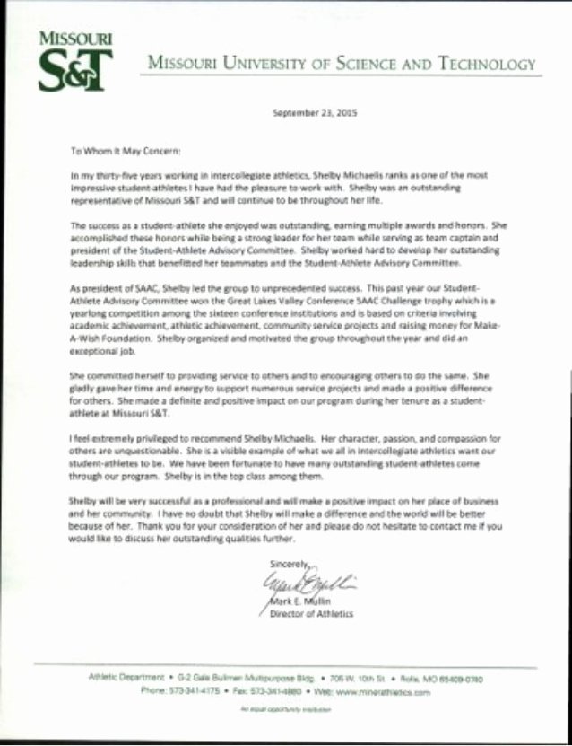 Letter Of Recommendation for athletes Unique Re Mendation Letter Shelby Kathleen Michaelis
