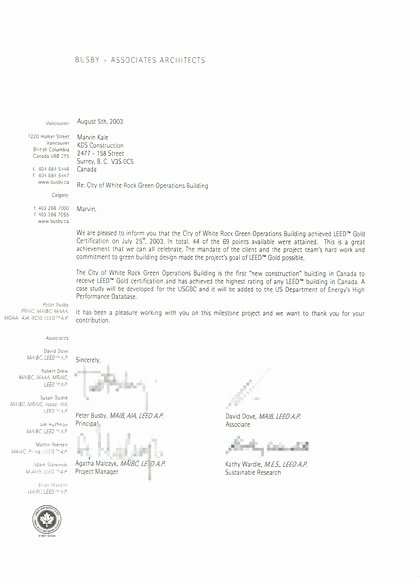 Letter Of Recommendation for Awards Fresh Busby associates Architects City Of Whiterock
