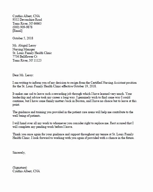 Letter Of Recommendation for Cna Luxury Cna Resignation Letter Sample