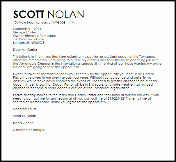 Letter Of Recommendation for Coach Awesome Coaching Resignation Letter Example