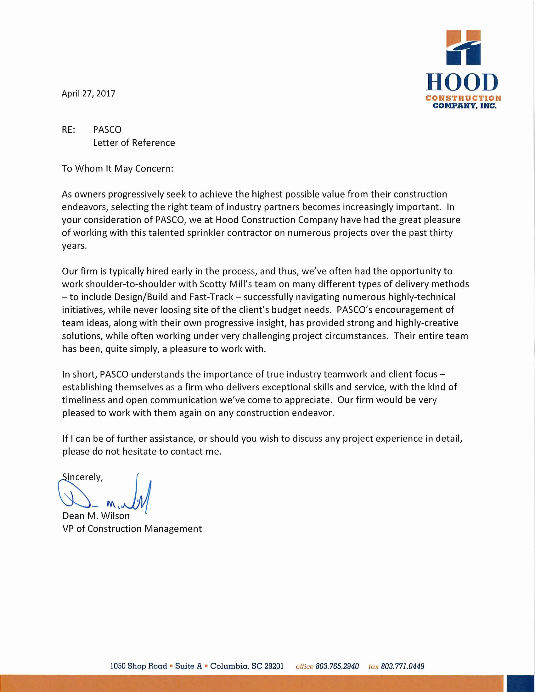 Letter Of Recommendation for Contractor Best Of Pasco Inc Hood Construction Pany