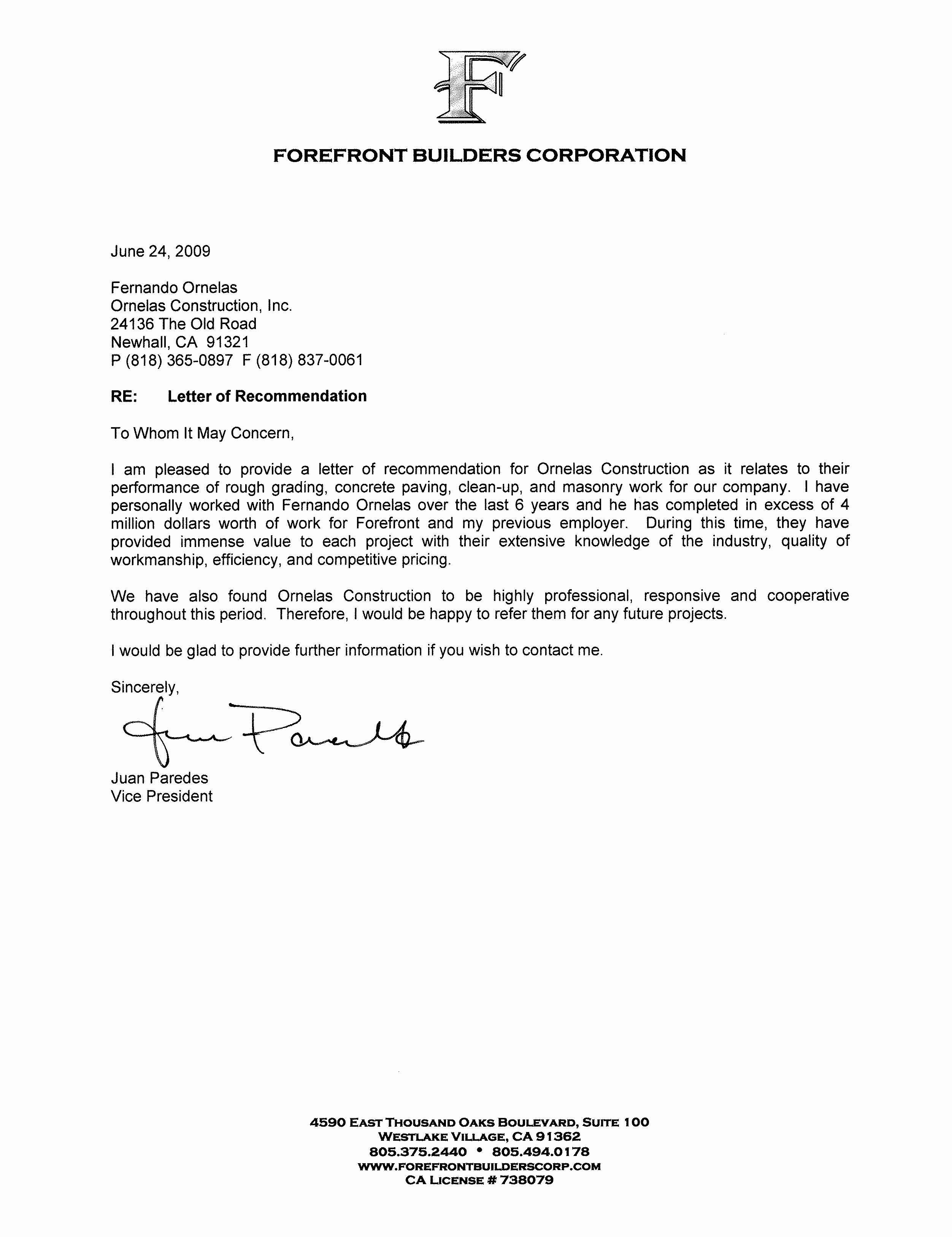 Letter Of Recommendation for Contractor Elegant Testimonials ornelas Construction Inc
