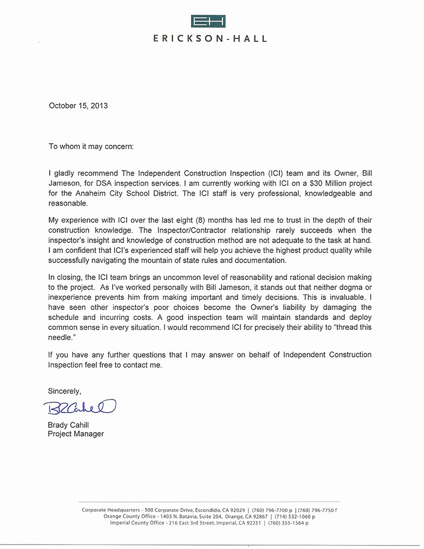 Letter Of Recommendation for Contractor Inspirational Independent Construction Inspection – Erickson Hall Letter