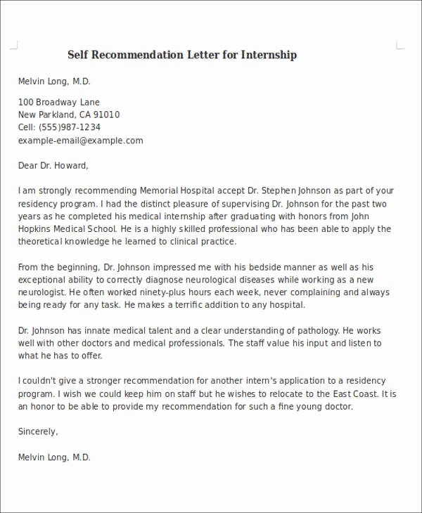 Letter Of Recommendation for Intern New 8 Self Re Mendation Letter Samples Pdf Doc