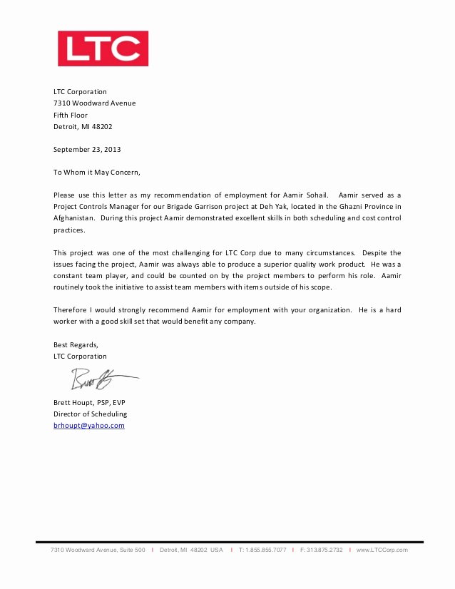 Letter Of Recommendation for Ltc Awesome Aamir sohail Letter Of Re Mendation