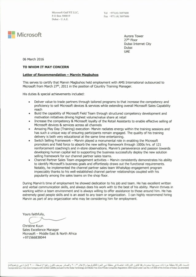 Letter Of Recommendation for Ms Fresh Re Mendation Letter From Microsoft