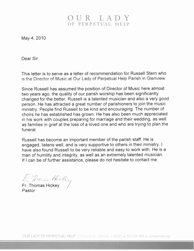 Letter Of Recommendation for Musician Inspirational Russell Stern Church Music Director Re Mendations