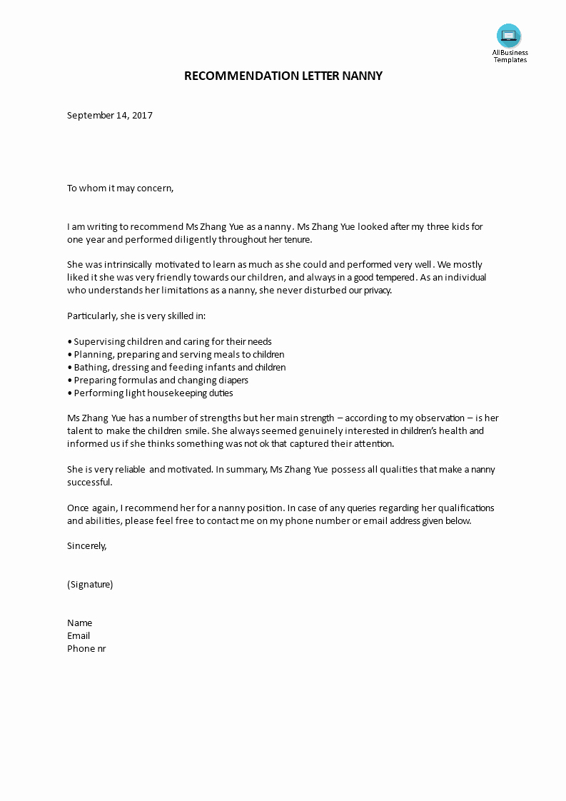 Letter Of Recommendation for Nanny Luxury Free Reference Letter Nanny