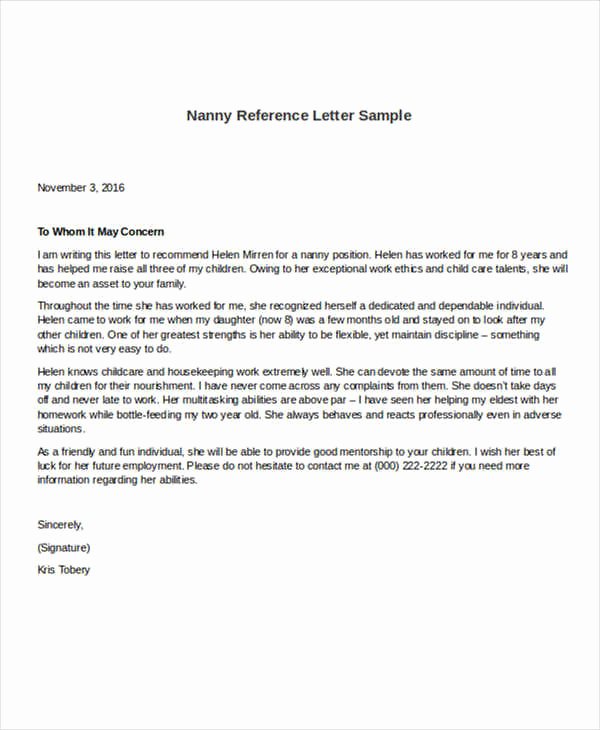 Letter Of Recommendation for Nanny New 5 Sample Nanny Reference Letters Pdf Word