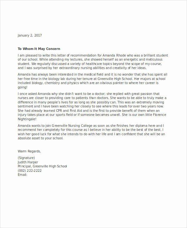 Letter Of Recommendation for Nursing Fresh 10 School Re Mendation Letter Samples