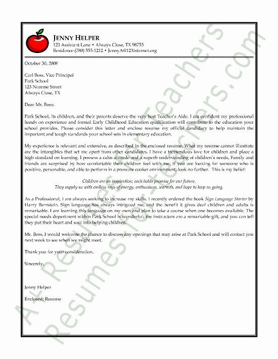 Letter Of Recommendation for Paraprofessional Inspirational Teacher S Aide Cover Letter Example Healthy Me