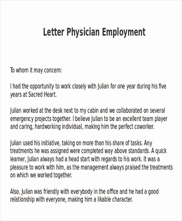 Letter Of Recommendation for Physician Awesome 9 Sample Physician Letter Of Re Mendation Word Pdf
