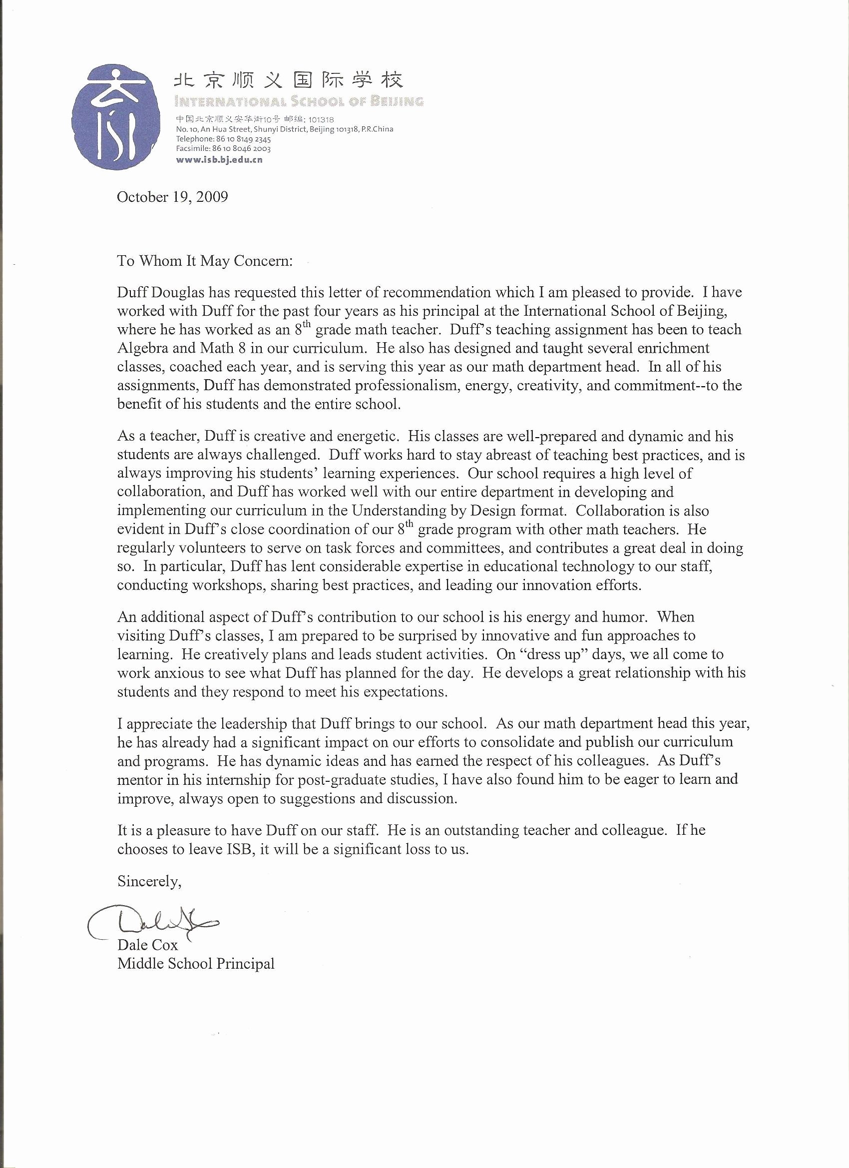 Letter Of Recommendation for Principal Fresh Duff Douglas References Duff Douglas