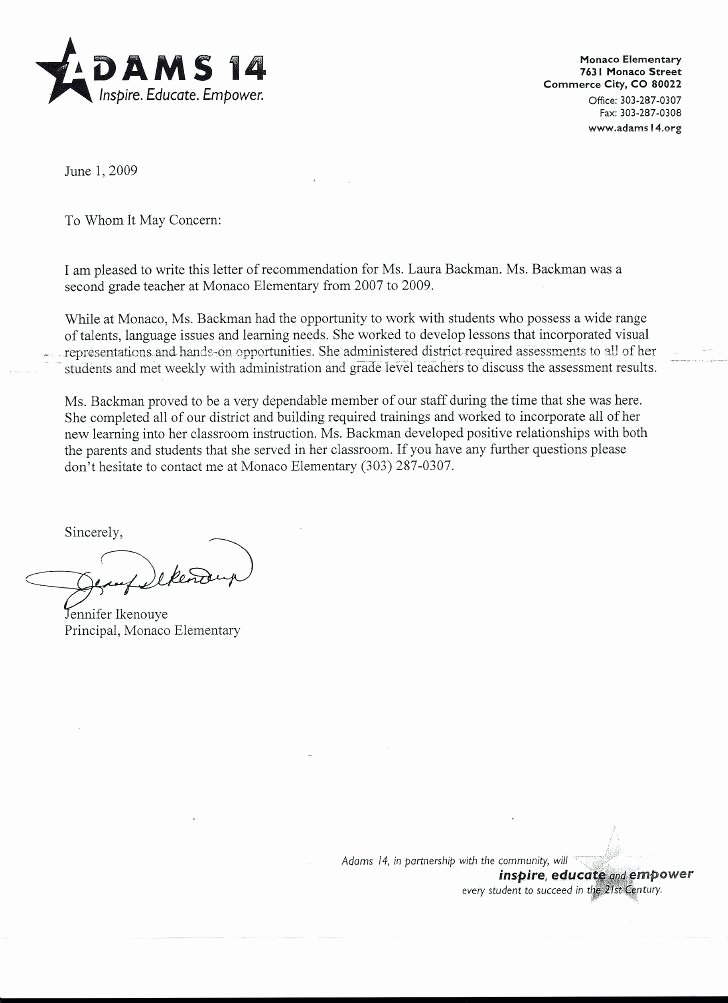 Letter Of Recommendation for Principal New Carvis