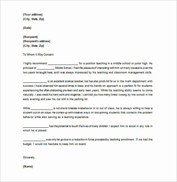 Letter Of Recommendation for Principals Elegant Letter Of Re Mendation for Teacher – 12 Free Word