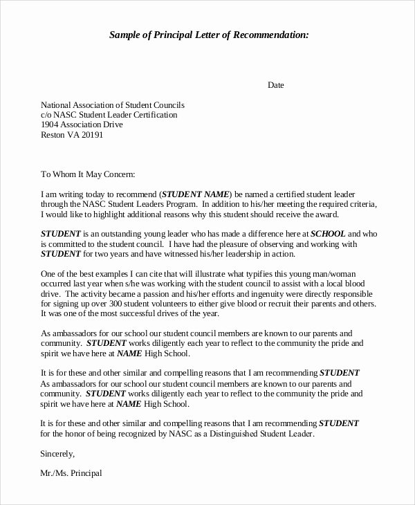 Letter Of Recommendation for Principals Fresh 10 Example Of Re Mendation Letters