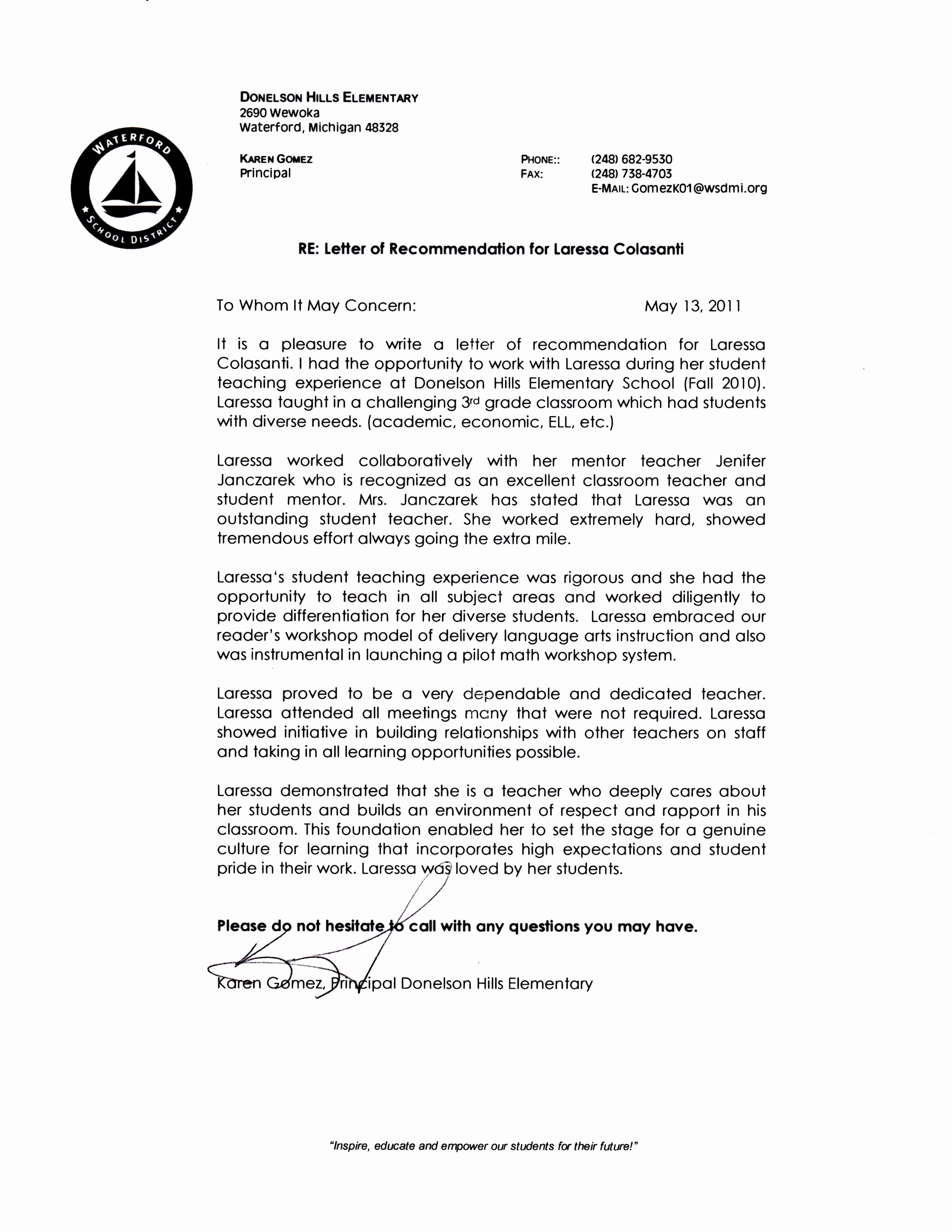 Letter Of Recommendation for Principals Fresh References &amp; Letters Of Re Mendation Laressa M Colasanti