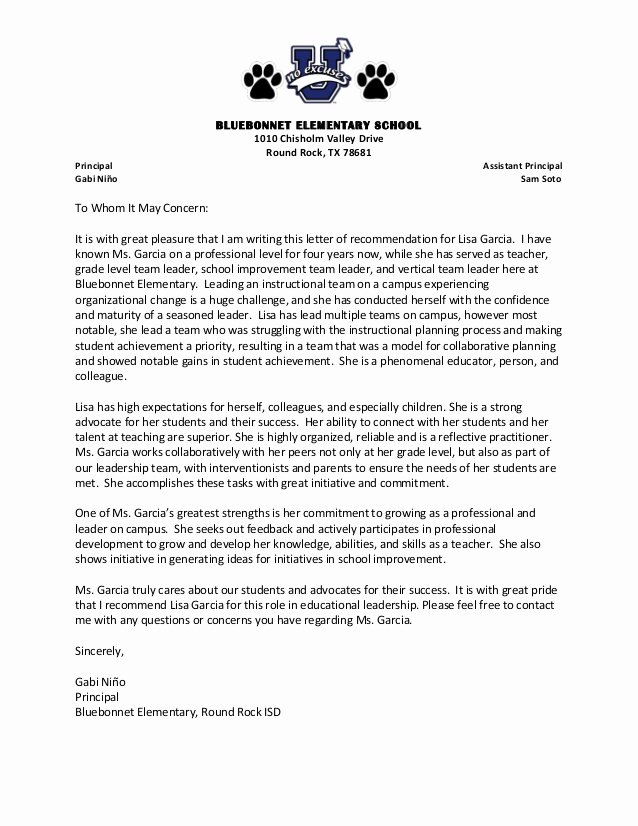 Letter Of Recommendation for Principals Inspirational Letter Of Re Mendation Lisa Garcia 1