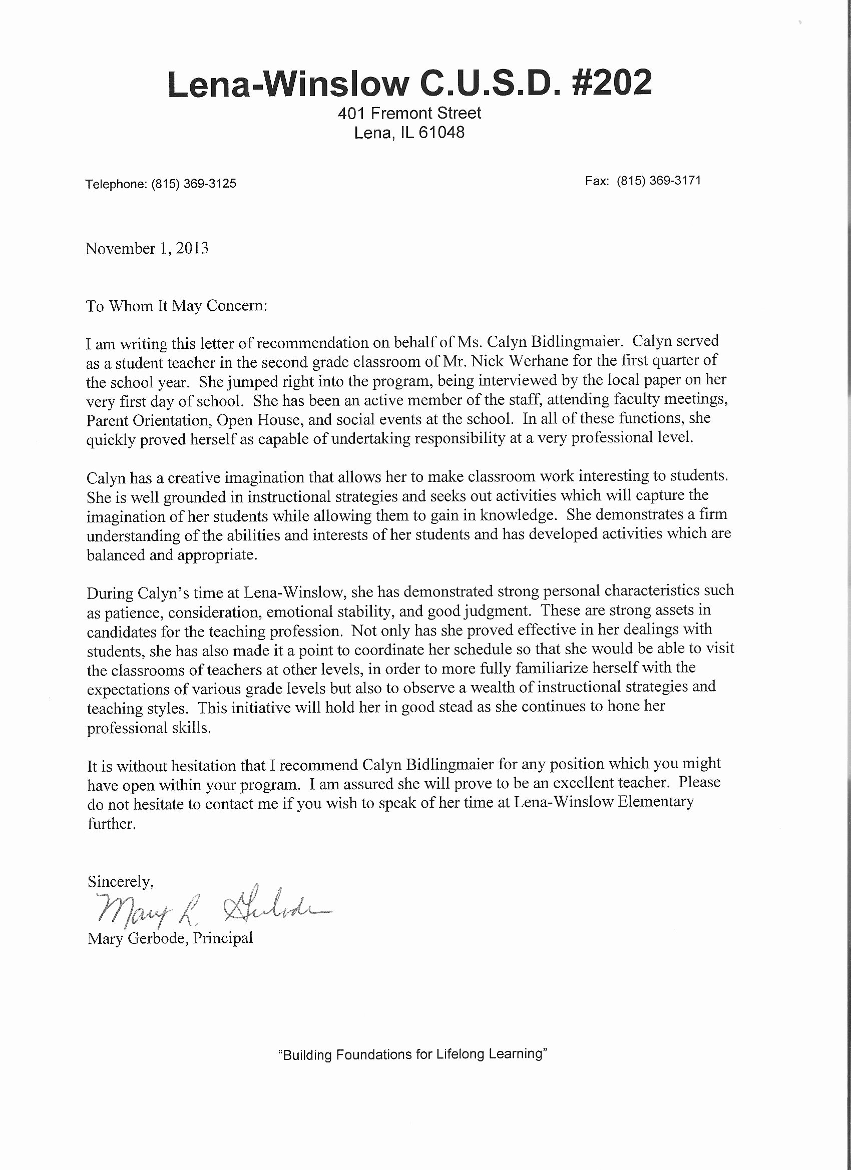 Letter Of Recommendation for Principals Luxury Licensure Elements Calyn Bidlingmaier S Teaching Portfolio