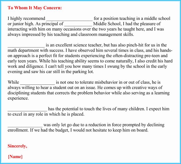 Letter Of Recommendation for Principals Luxury Teacher Re Mendation Letter 20 Samples Fromats